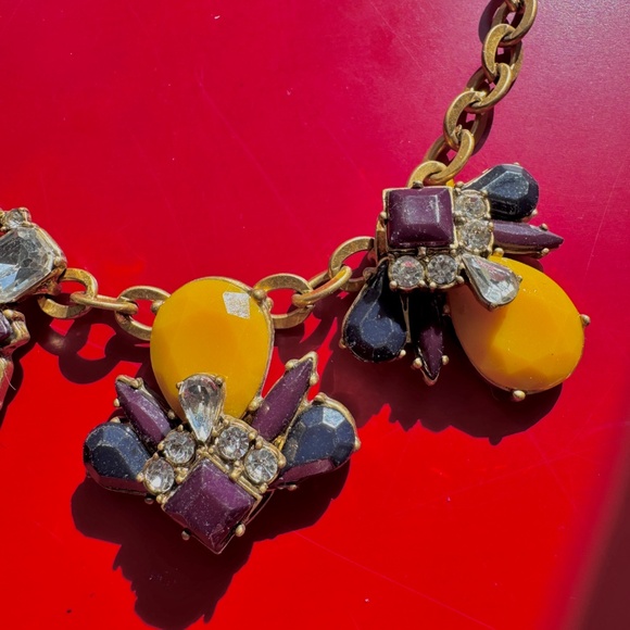 J Crew Art Deco Statement Necklace Blue, Purple, Yellow, Rhinestone Gold Tone - Picture 6 of 10